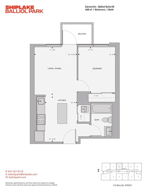 Floor plan for 1 bed, 1 bath, 488 sqft